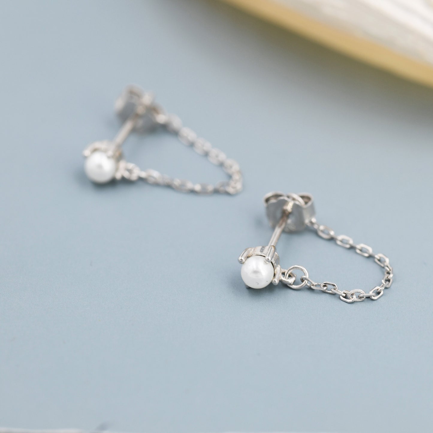 Sterling Silver Pearl and Chain Earrings in Sterling Silver, Silver or Gold or Rose Gold, Tiny Ear Jacket, Dainty Jewellery