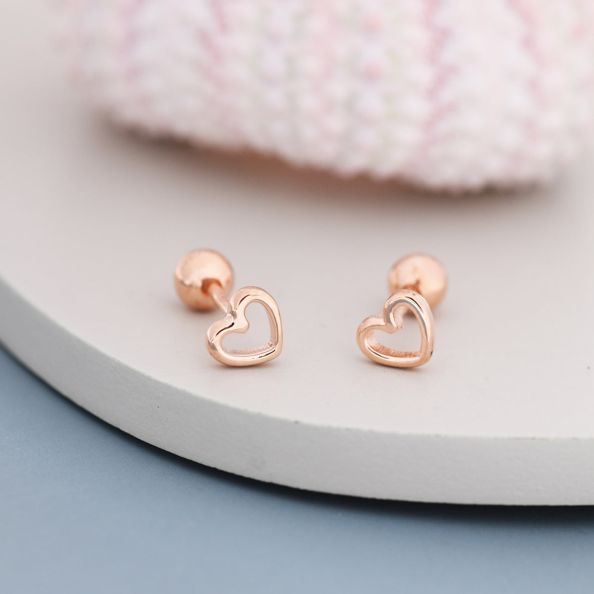 Tiny Open Heart Screw Back / Flat Back Earrings in Sterling Silver, Silver, Gold or Rose Gold, Geometric Minimalist Design