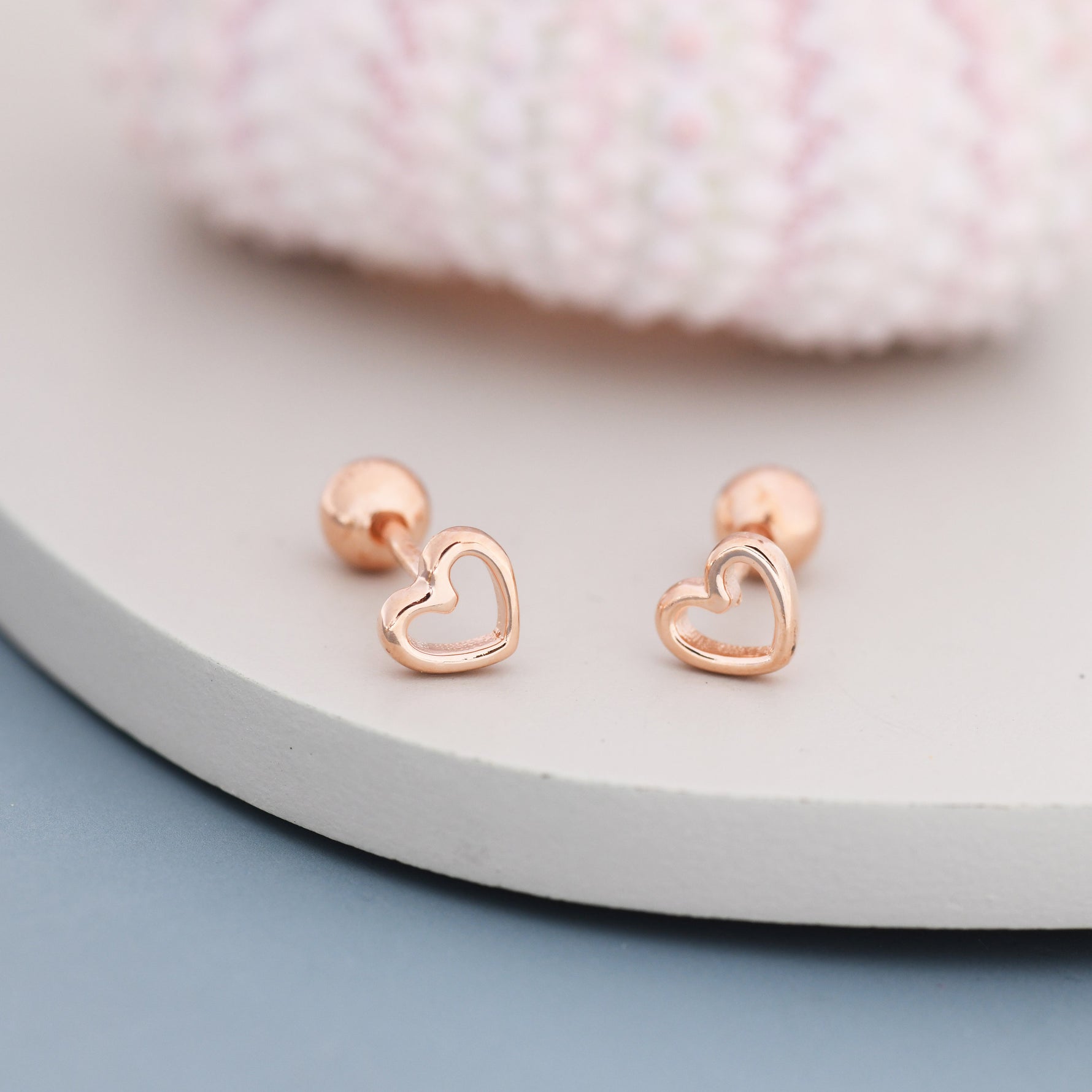 Tiny Open Heart Screw Back / Flat Back Earrings in Sterling Silver, Silver, Gold or Rose Gold, Geometric Minimalist Design