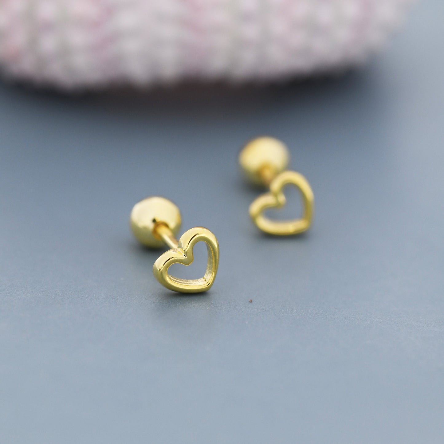 Tiny Open Heart Screw back Earrings in Sterling Silver, Silver, Gold or Rose Gold, Geometric Minimalist Design, Screwback, Sold as a Pair!