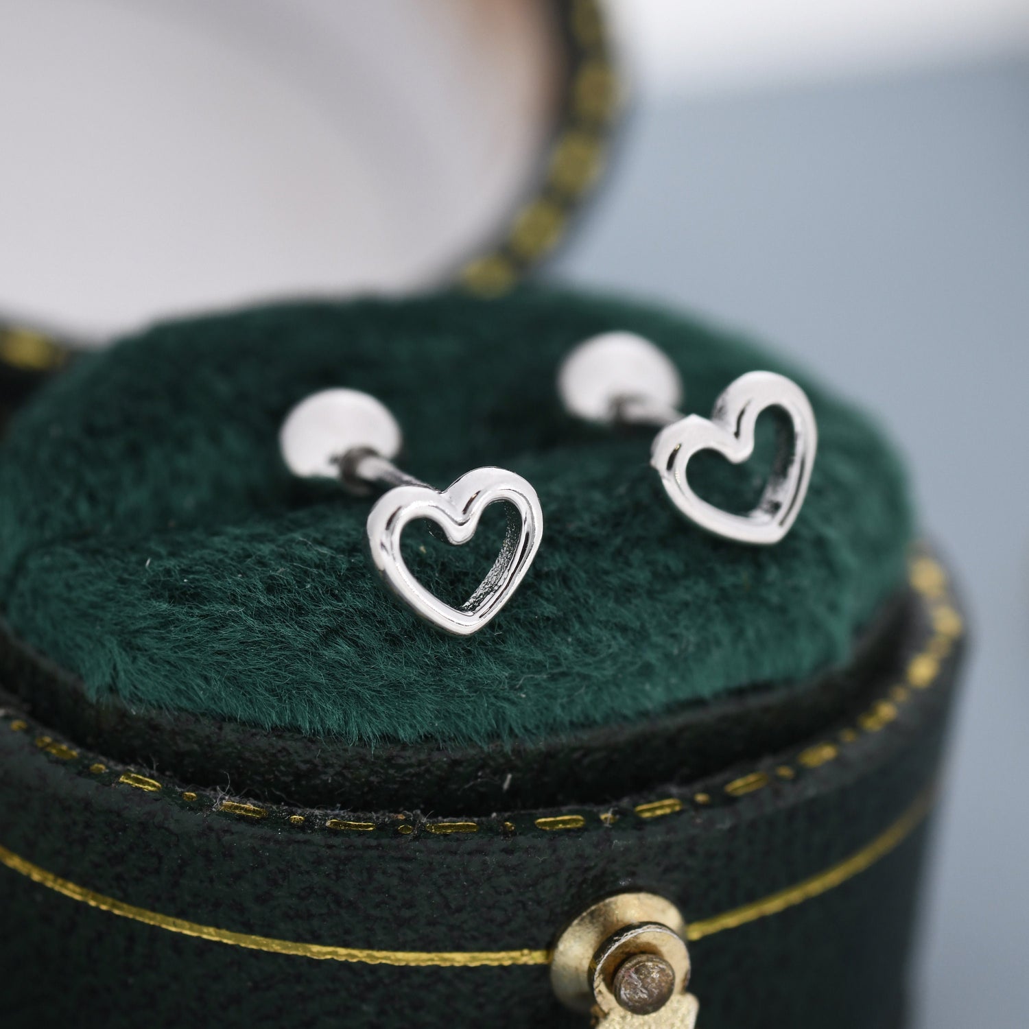 Tiny Open Heart Screw Back / Flat Back Earrings in Sterling Silver, Silver, Gold or Rose Gold, Geometric Minimalist Design