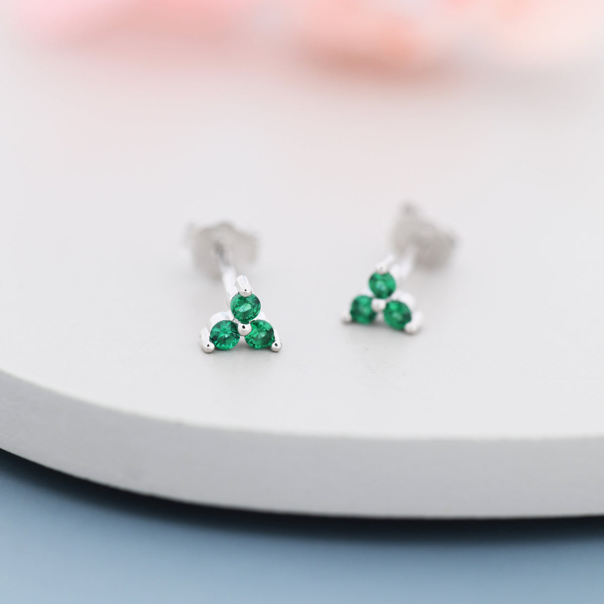 Tiny Green CZ Trinity Stud Earrings
