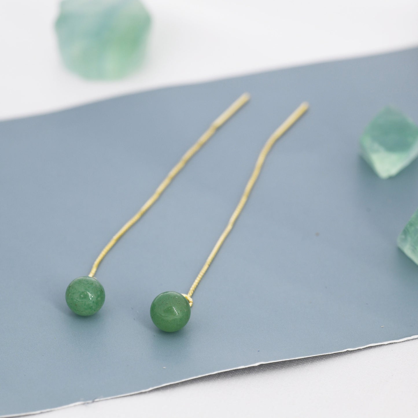 Natural Jasper Jade Threader Earrings in Sterling Silver, Silver or Gold,  Genuine Jade Ball Ear Threaders