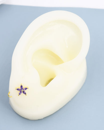 Amethyst Purple CZ Flower Huggie Hoop Earrings in Sterling Silver, Gold or Silver, Marquise CZ Flower Threader Hoop Earrings, Pull Through