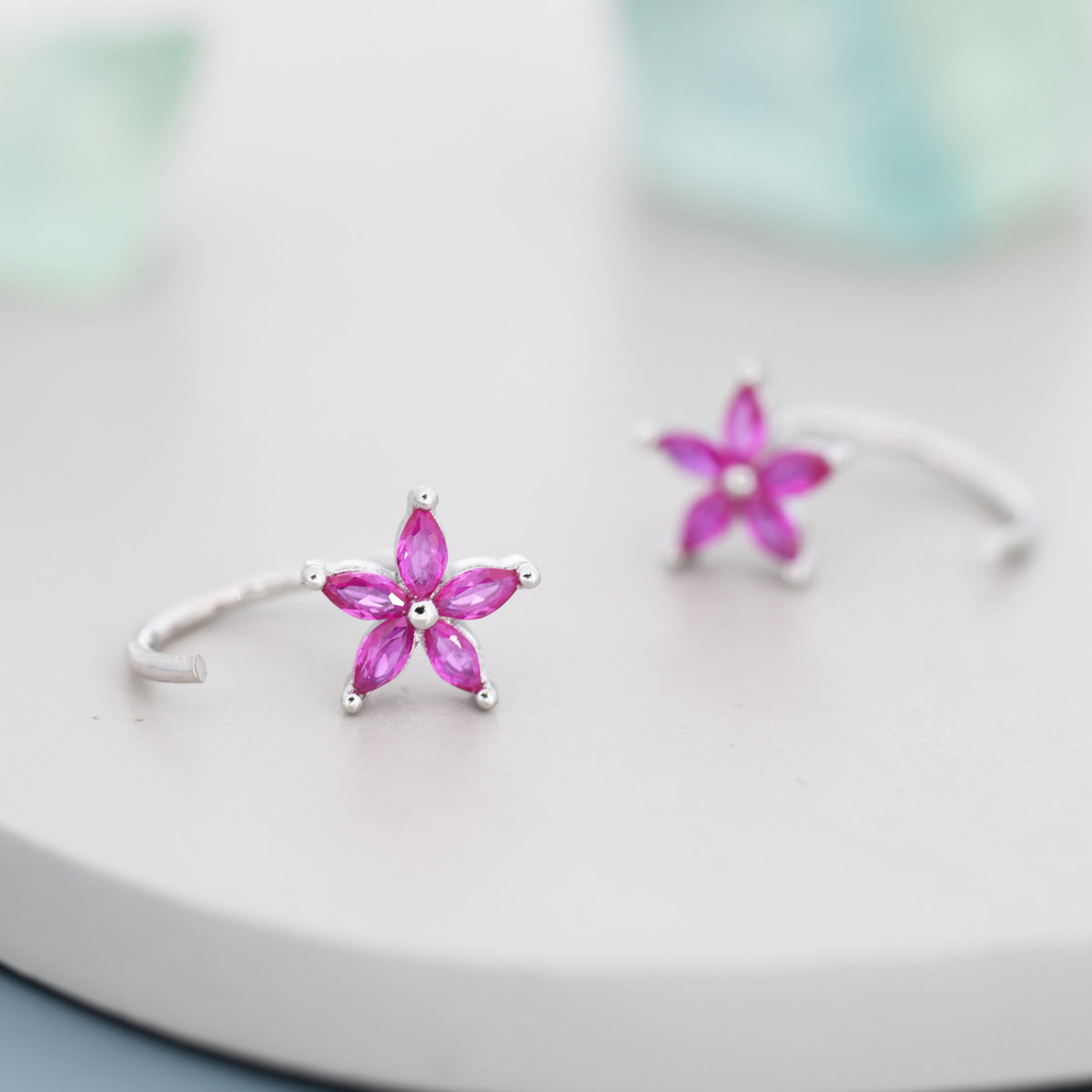 Sterling Silver Ruby Pink CZ Flower Huggie Hoop Earrings, Gold or Silver, Marquise CZ Flower Threader Hoop Earrings, Pull Through C Shape