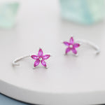 Sterling Silver Ruby Pink CZ Flower Huggie Hoop Earrings, Gold or Silver, Marquise CZ Flower Threader Hoop Earrings, Pull Through C Shape
