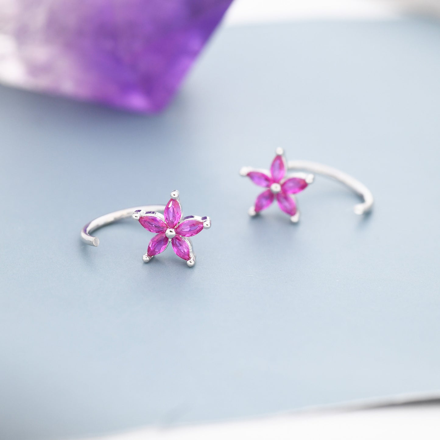 Sterling Silver Ruby Pink CZ Flower Huggie Hoop Earrings,  Gold or Silver, Marquise CZ Flower Threader Hoop Earrings, Pull Through C Shape