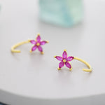 Sterling Silver Ruby Pink CZ Flower Huggie Hoop Earrings, Gold or Silver, Marquise CZ Flower Threader Hoop Earrings, Pull Through C Shape