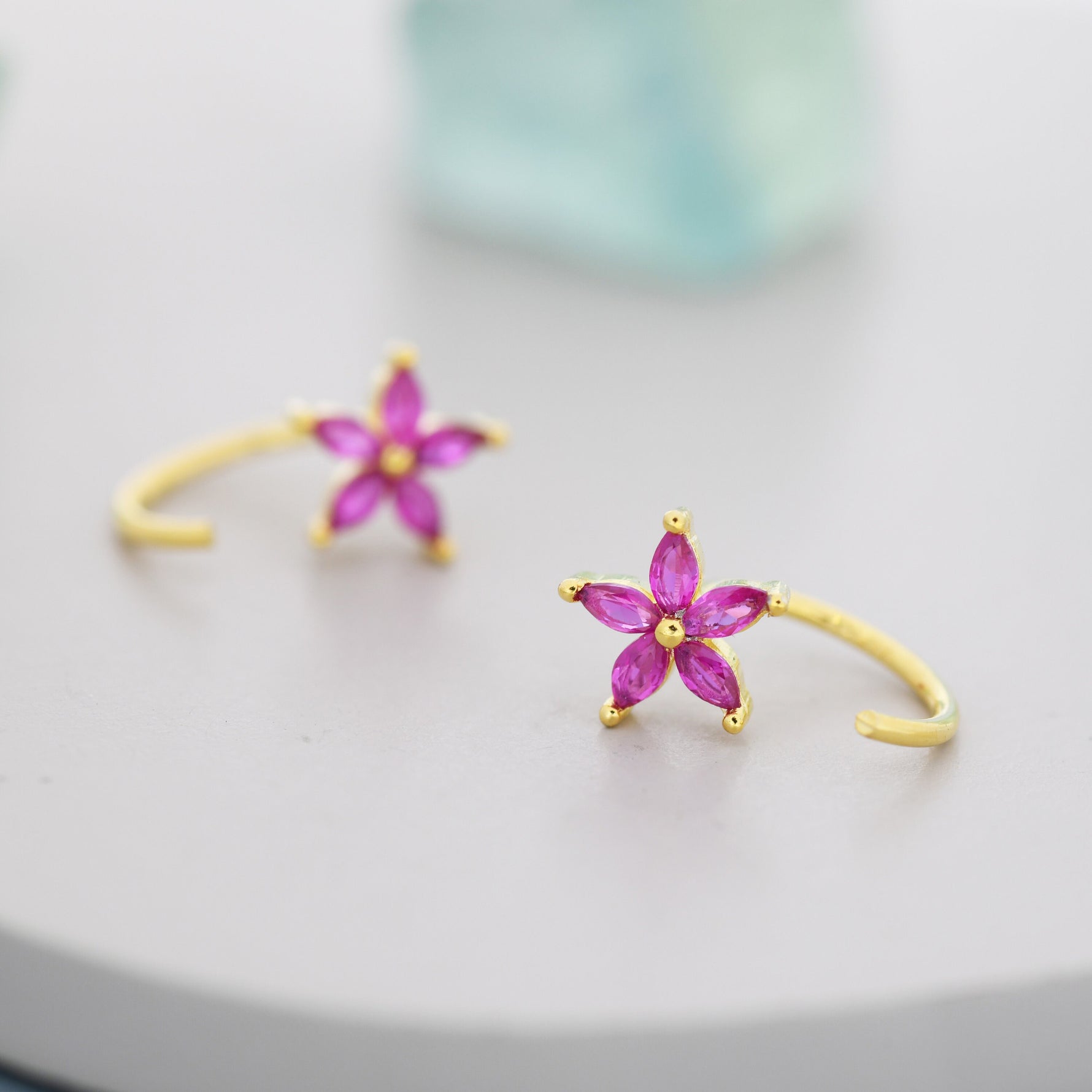 Sterling Silver Ruby Pink CZ Flower Huggie Hoop Earrings, Gold or Silver, Marquise CZ Flower Threader Hoop Earrings, Pull Through C Shape