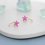 Sterling Silver Ruby Pink CZ Flower Huggie Hoop Earrings, Gold or Silver, Marquise CZ Flower Threader Hoop Earrings, Pull Through C Shape