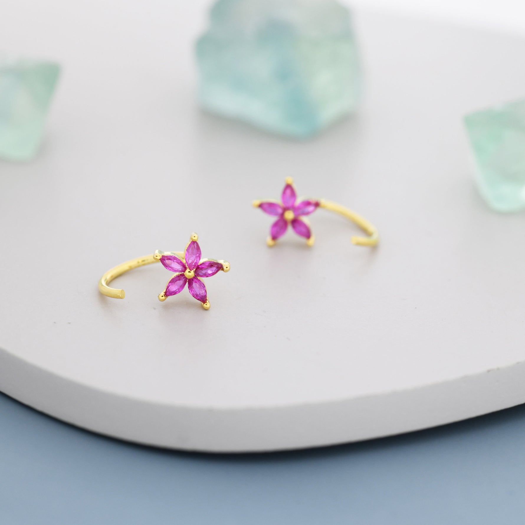 Sterling Silver Ruby Pink CZ Flower Huggie Hoop Earrings, Gold or Silver, Marquise CZ Flower Threader Hoop Earrings, Pull Through C Shape
