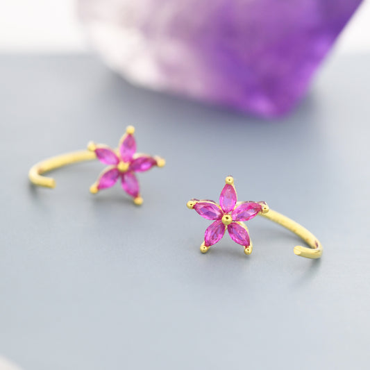 Sterling Silver Ruby Pink CZ Flower Huggie Hoop Earrings, Gold or Silver, Marquise CZ Flower Threader Hoop Earrings, Pull Through C Shape