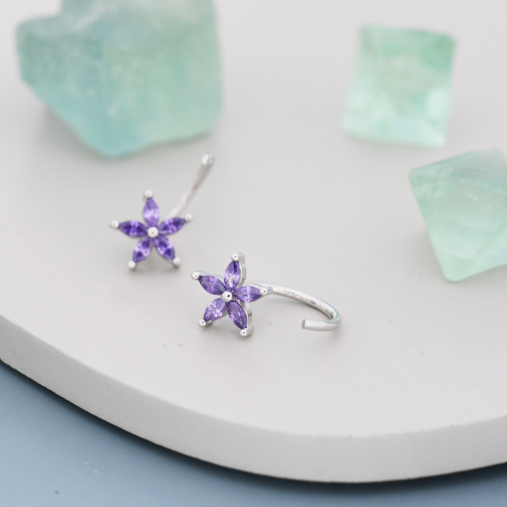 Amethyst Purple CZ Flower Huggie Hoop Earrings in Sterling Silver, Gold or Silver, Marquise CZ Flower Threader Hoop Earrings, Pull Through