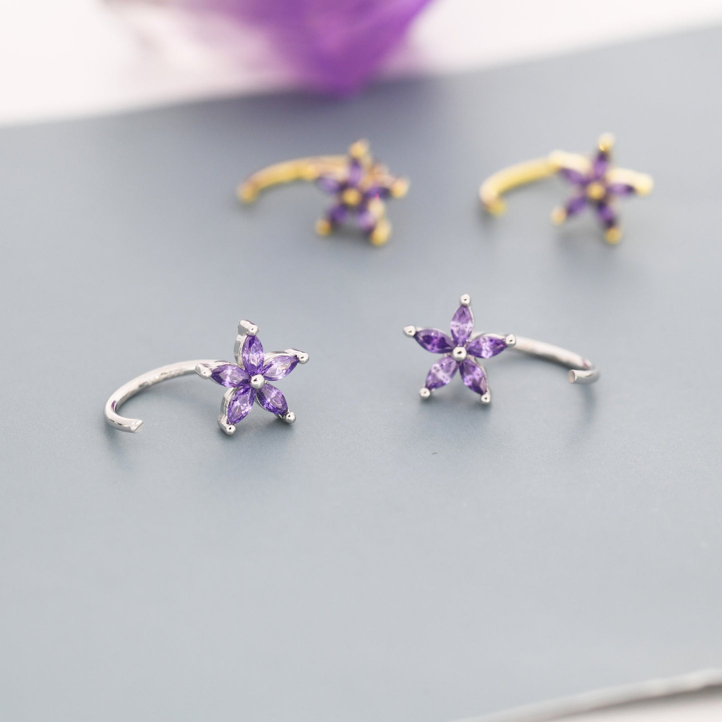 Amethyst Purple CZ Flower Huggie Hoop Earrings in Sterling Silver, Gold or Silver, Marquise CZ Flower Threader Hoop Earrings, Pull Through