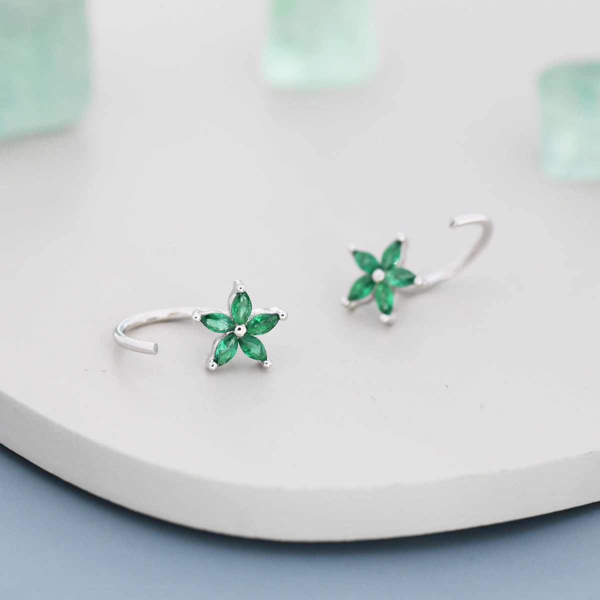 Emerald Green CZ Flower Huggie Hoop Earrings in Sterling Silver, Gold or Silver, Marquise CZ Flower Threader Hoop Earrings, Pull Through