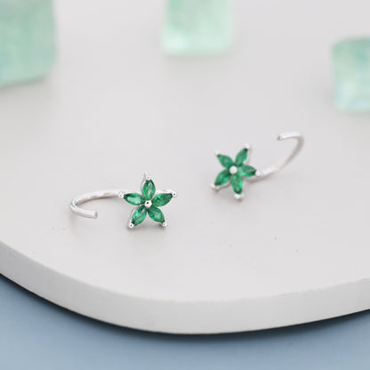 Emerald Green CZ Flower Huggie Hoop Earrings in Sterling Silver,  Gold or Silver, Marquise CZ Flower Threader Hoop Earrings, Pull Through