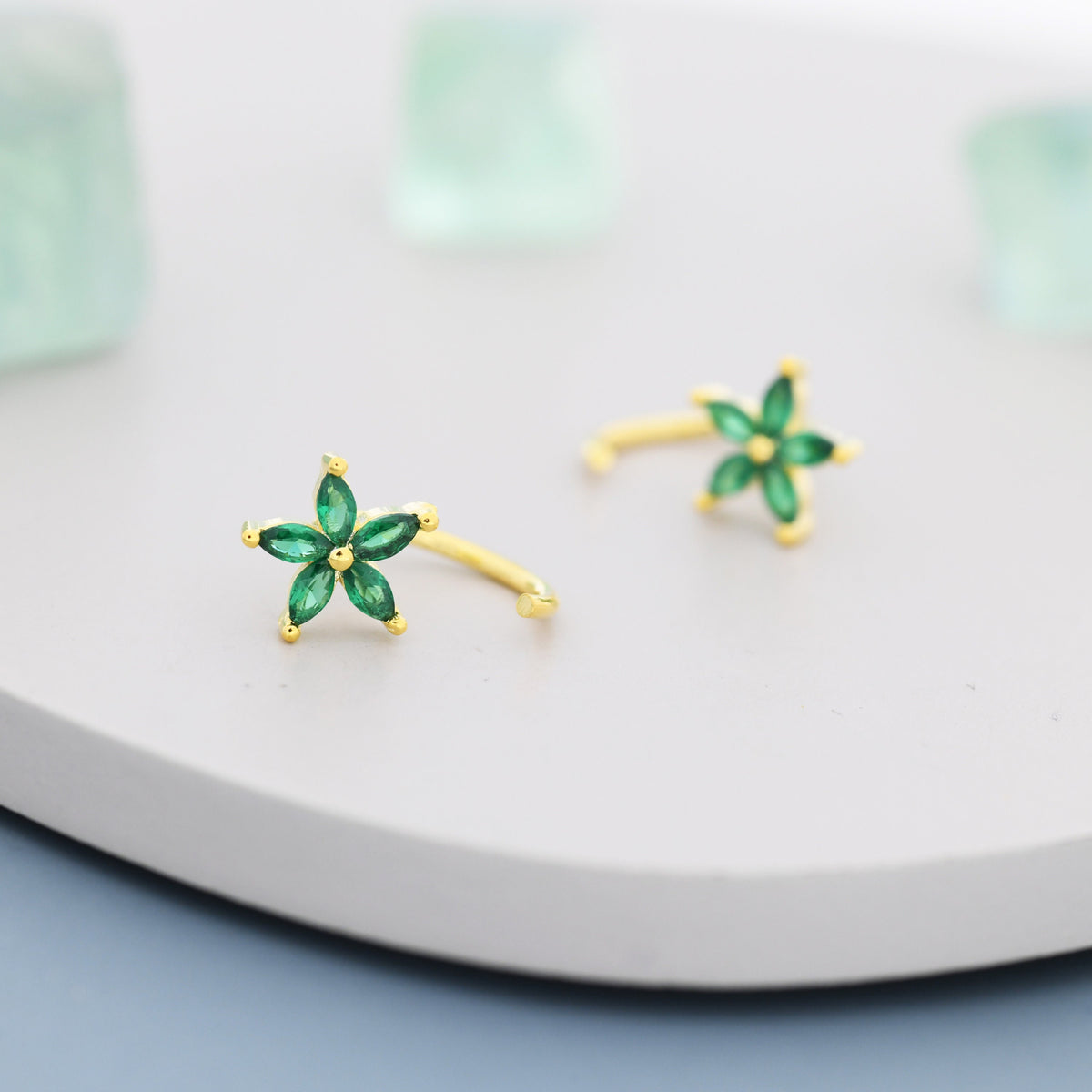 Emerald Green CZ Flower Huggie Hoop Earrings in Sterling Silver, Gold or Silver, Marquise CZ Flower Threader Hoop Earrings, Pull Through