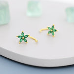 Emerald Green CZ Flower Huggie Hoop Earrings in Sterling Silver, Gold or Silver, Marquise CZ Flower Threader Hoop Earrings, Pull Through