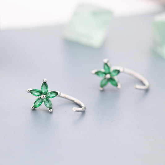 Emerald Green CZ Flower Huggie Hoop Earrings in Sterling Silver,  Gold or Silver, Marquise CZ Flower Threader Hoop Earrings, Pull Through