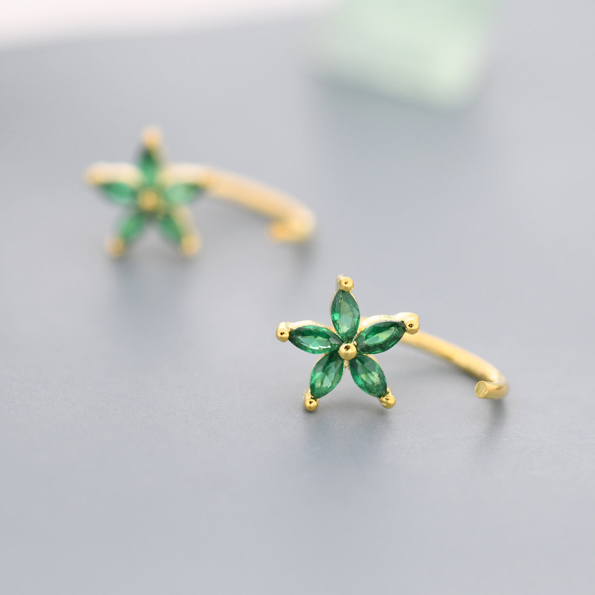 Emerald Green CZ Flower Huggie Hoop Earrings in Sterling Silver, Gold or Silver, Marquise CZ Flower Threader Hoop Earrings, Pull Through