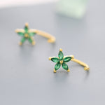 Emerald Green CZ Flower Huggie Hoop Earrings in Sterling Silver, Gold or Silver, Marquise CZ Flower Threader Hoop Earrings, Pull Through