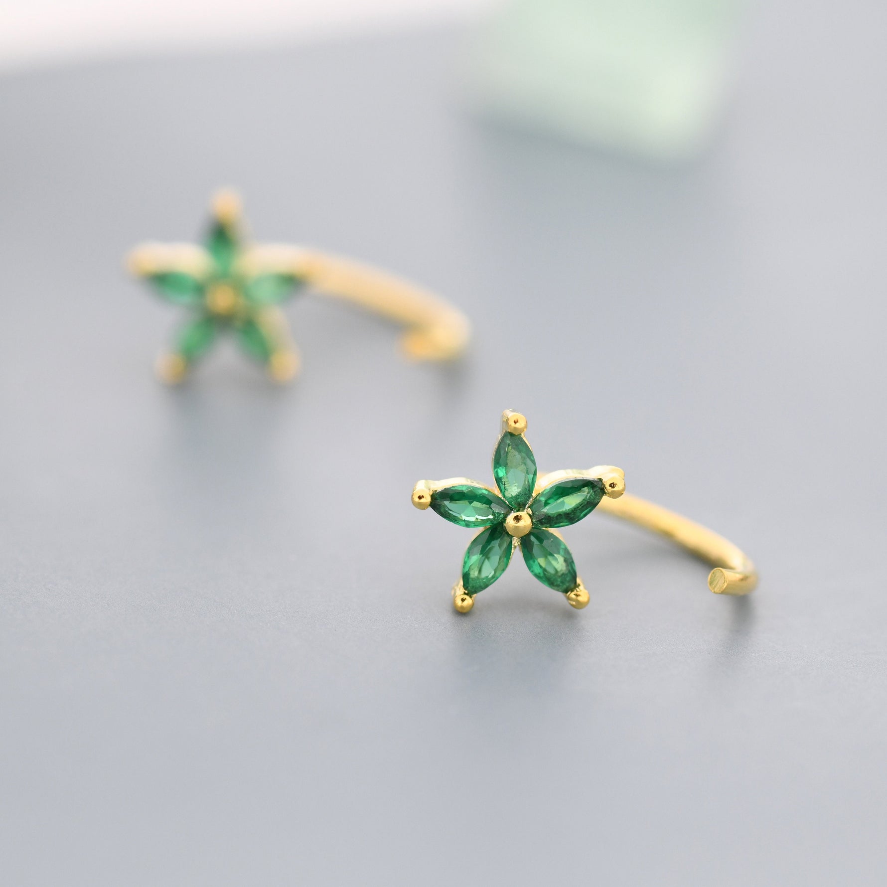 Emerald Green CZ Flower Huggie Hoop Earrings in Sterling Silver, Gold or Silver, Marquise CZ Flower Threader Hoop Earrings, Pull Through