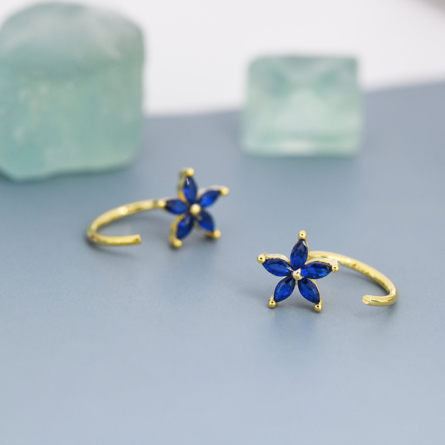 Sapphire Blue CZ Flower Huggie Hoop Earrings in Sterling Silver, Gold or Silver, Marquise CZ Flower Threader Hoop Earrings, Pull Through