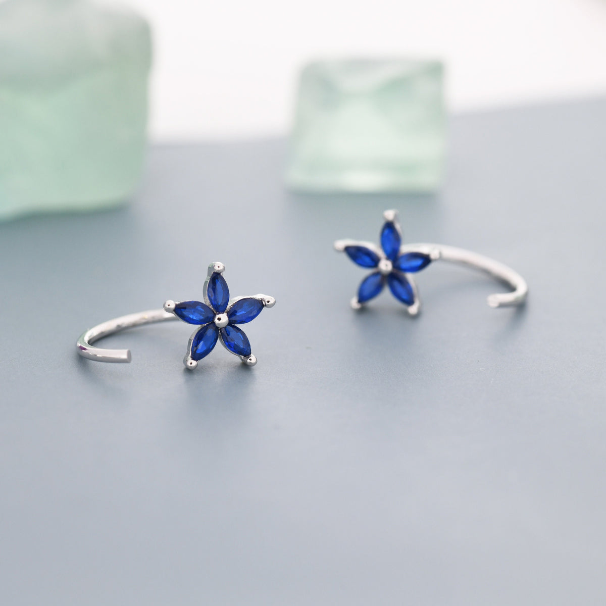 Sapphire Blue CZ Flower Huggie Hoop Earrings in Sterling Silver, Gold or Silver, Marquise CZ Flower Threader Hoop Earrings, Pull Through