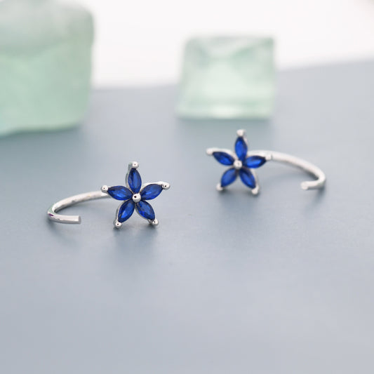 Sapphire Blue CZ Flower Huggie Hoop Earrings in Sterling Silver,  Gold or Silver, Marquise CZ Flower Threader Hoop Earrings, Pull Through