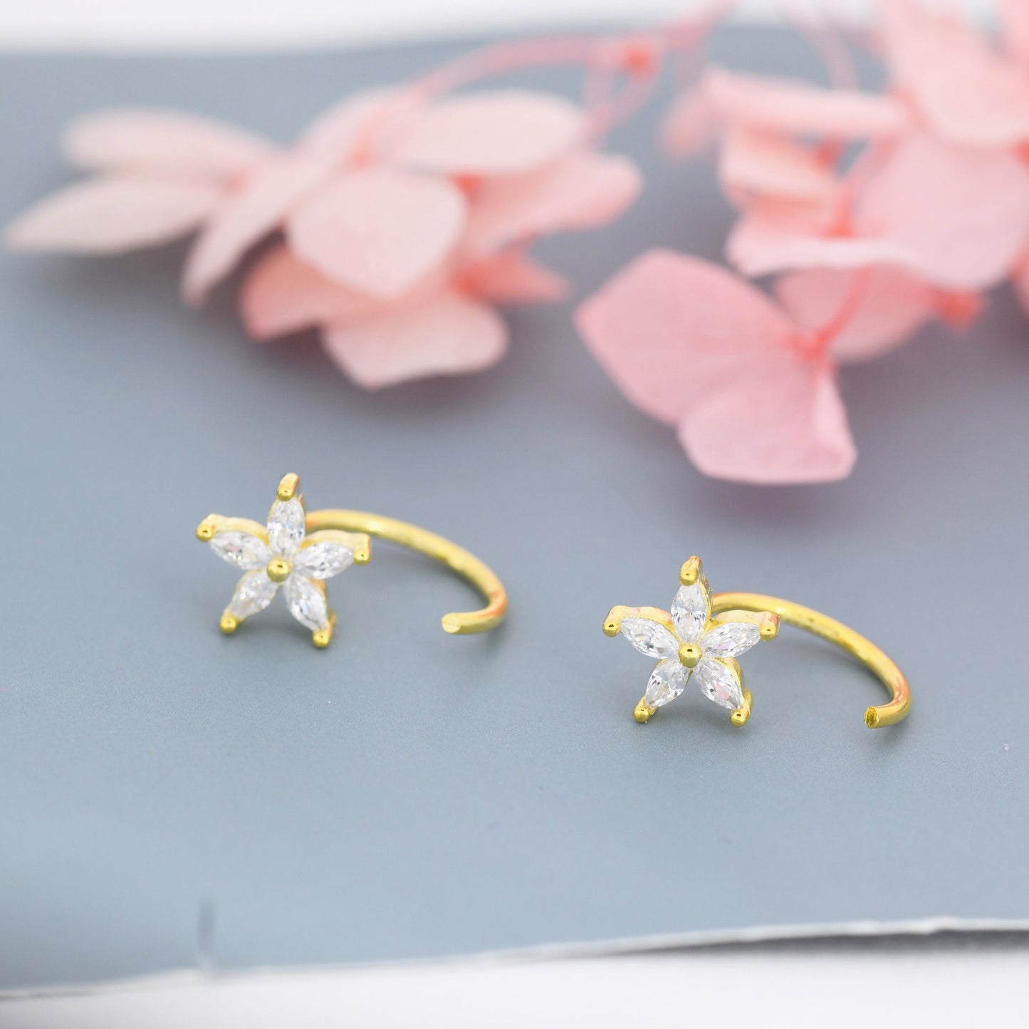 CZ Forget-me-not Flower Huggie Hoop Earrings in Sterling Silver,  Gold or Silver, Marquise CZ Flower Threader Hoop Earrings, Pull Through