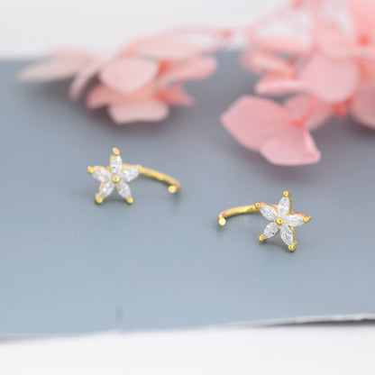 CZ Forget-me-not Flower Huggie Hoop Earrings in Sterling Silver,  Gold or Silver, Marquise CZ Flower Threader Hoop Earrings, Pull Through