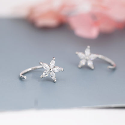 CZ Forget-me-not Flower Huggie Hoop Earrings in Sterling Silver,  Gold or Silver, Marquise CZ Flower Threader Hoop Earrings, Pull Through