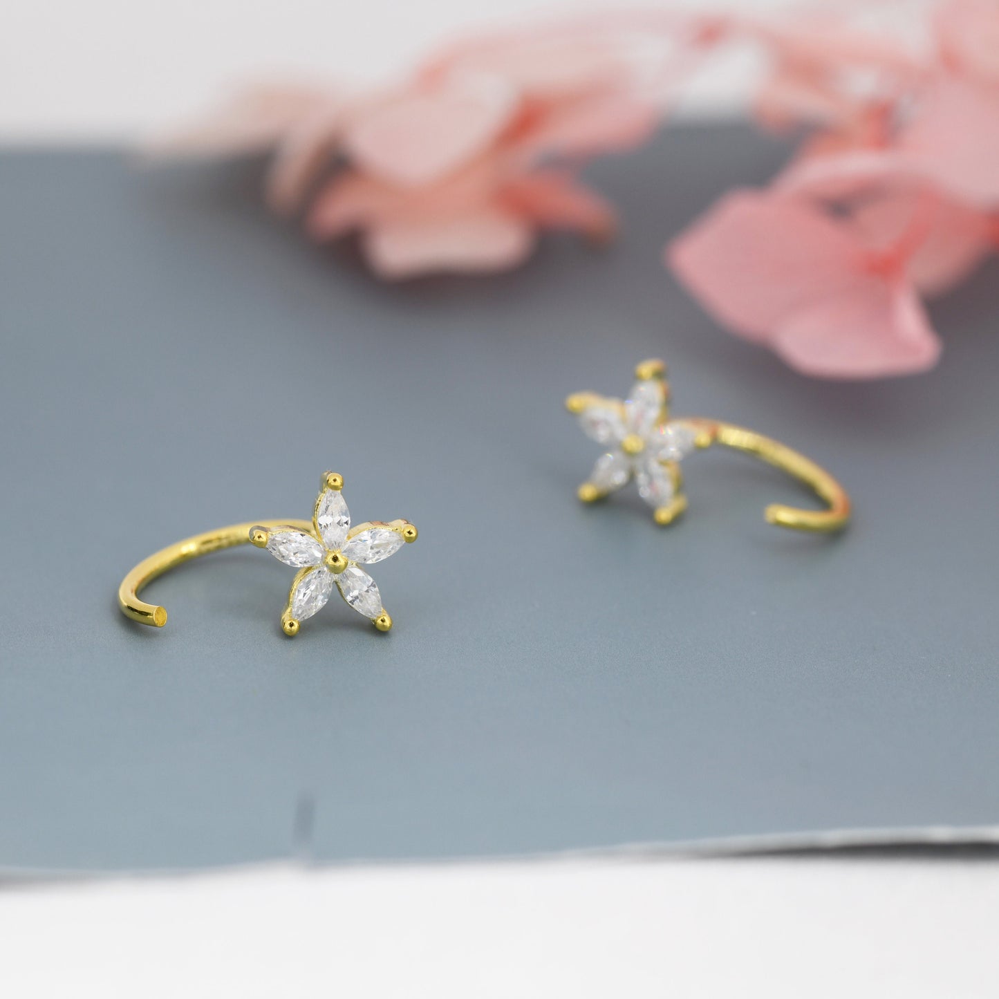 CZ Forget-me-not Flower Huggie Hoop Earrings in Sterling Silver,  Gold or Silver, Marquise CZ Flower Threader Hoop Earrings, Pull Through