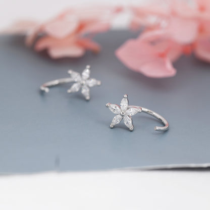 CZ Forget-me-not Flower Huggie Hoop Earrings in Sterling Silver,  Gold or Silver, Marquise CZ Flower Threader Hoop Earrings, Pull Through