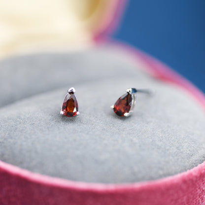 Genuine Garnet Crystal Droplet Stud Earrings in Sterling Silver, Natural Garnet Pear Shape Stud Earrings, January Birthstone