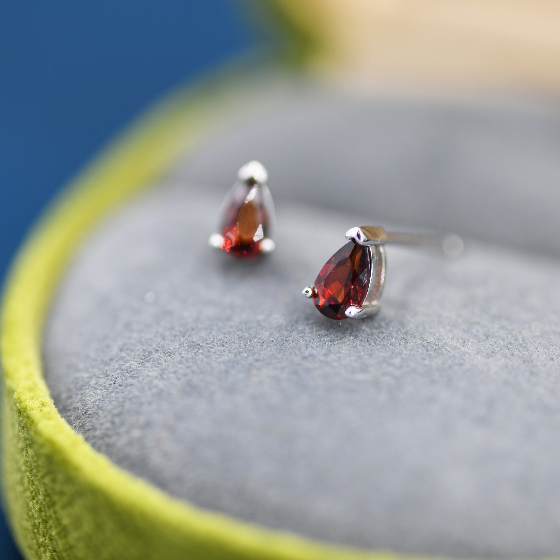Genuine Garnet Crystal Droplet Stud Earrings in Sterling Silver, Natural Garnet Pear Shape Stud Earrings, January Birthstone