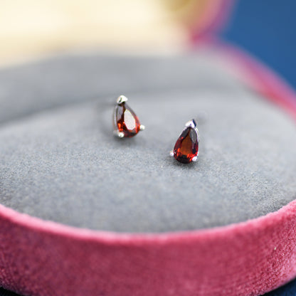 Genuine Garnet Crystal Droplet Stud Earrings in Sterling Silver, Natural Garnet Pear Shape Stud Earrings, January Birthstone