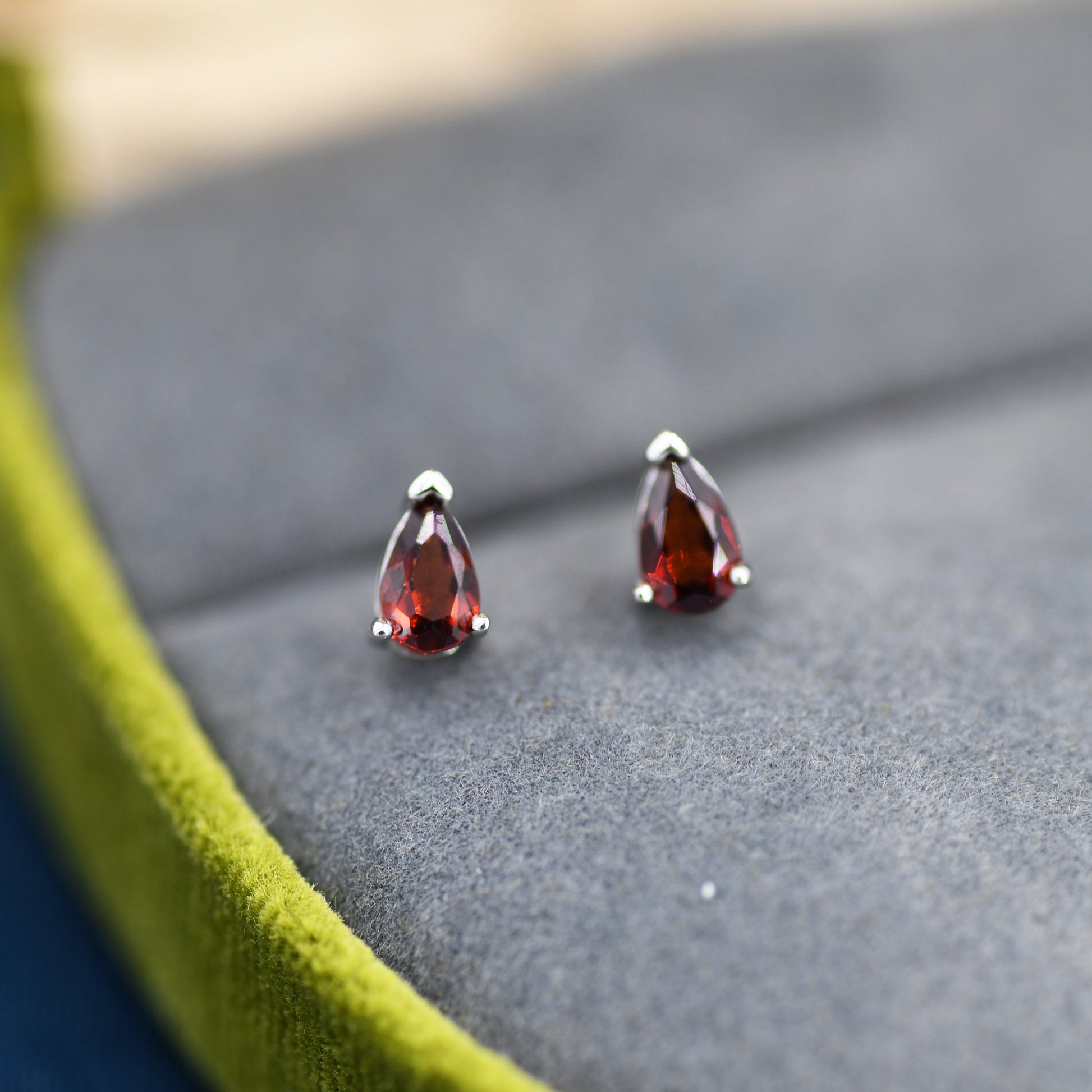 Genuine Garnet Crystal Droplet Stud Earrings in Sterling Silver, Natural Garnet Pear Shape Stud Earrings, January Birthstone
