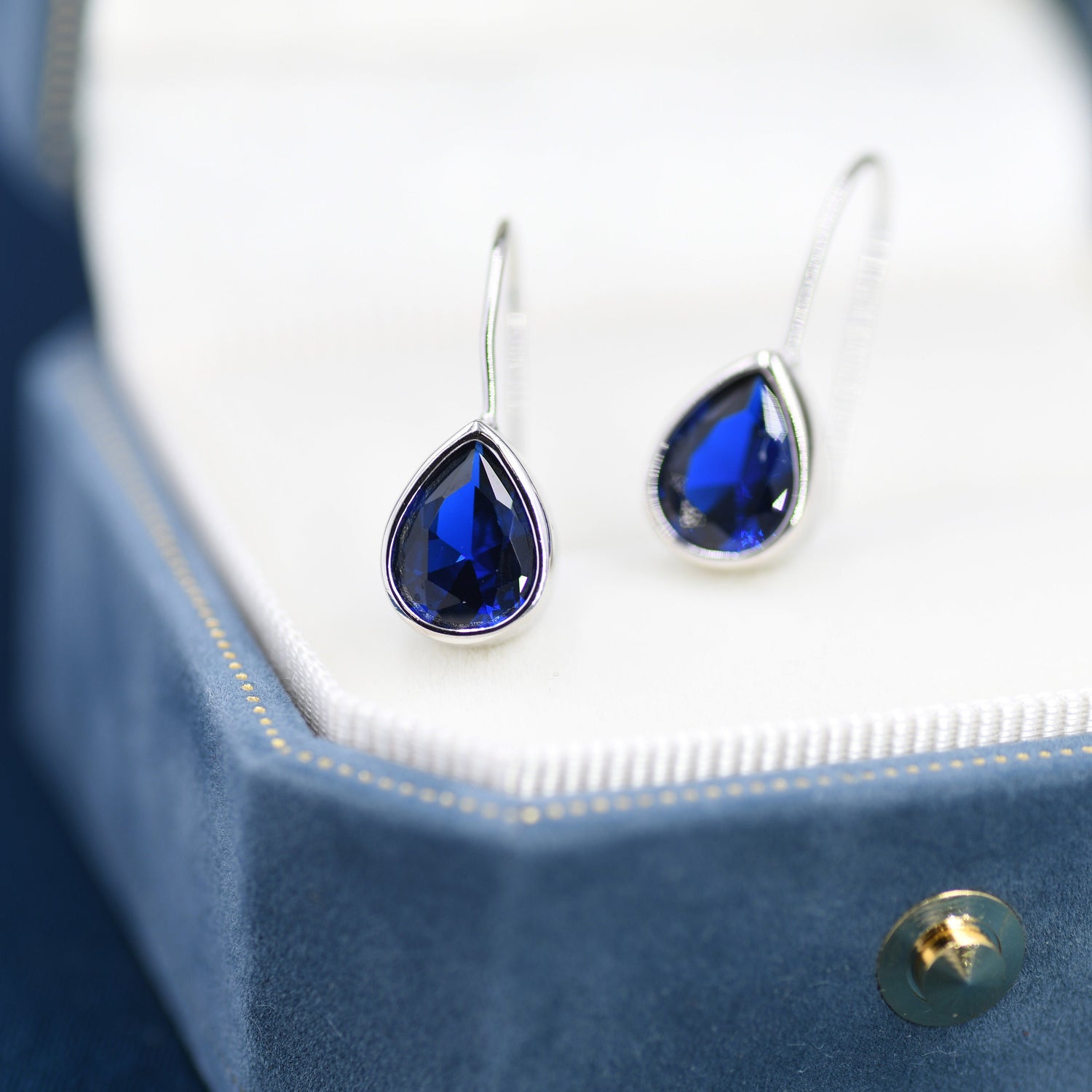 Sterling Silver Sapphire Blue CZ Droplet Drop Earrings in Sterling Silver, Chunky Pear Shape Hook Earrings