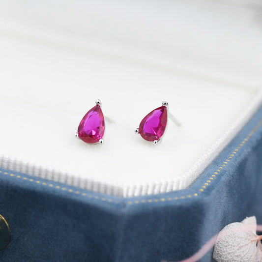 Sterling Silver Ruby Pink Droplet Earrings,  Pear Cut Ruby Earrings, July Birthstone CZ Earrings, Silver or Gold