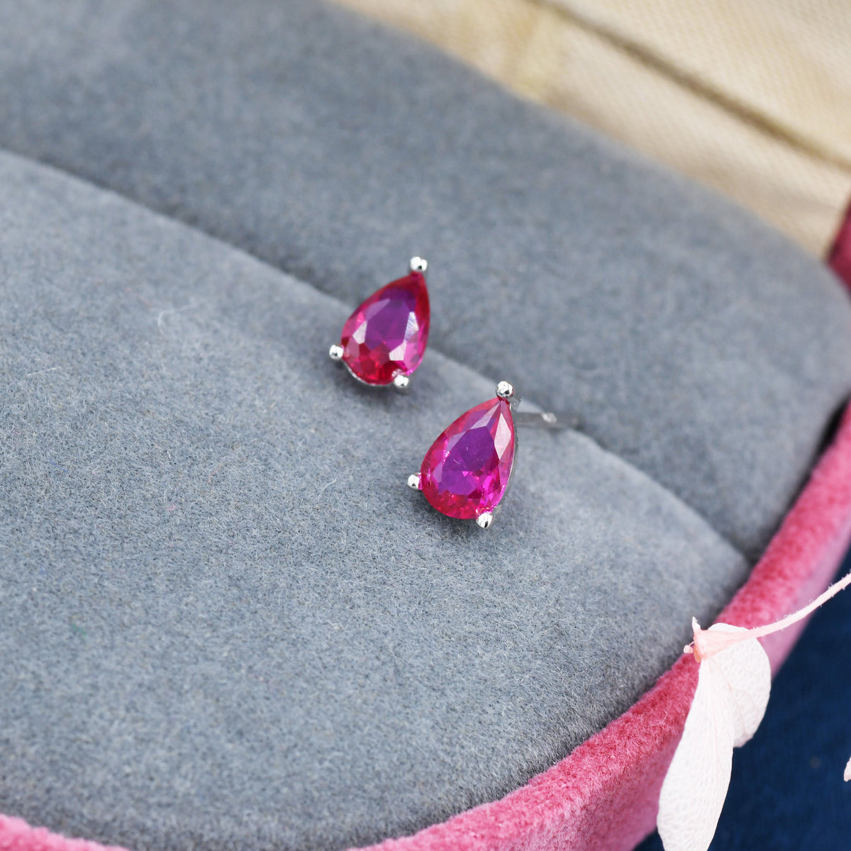 Sterling Silver Ruby Pink Droplet Earrings, Pear Cut Ruby Earrings, July Birthstone CZ Earrings, Silver or Gold
