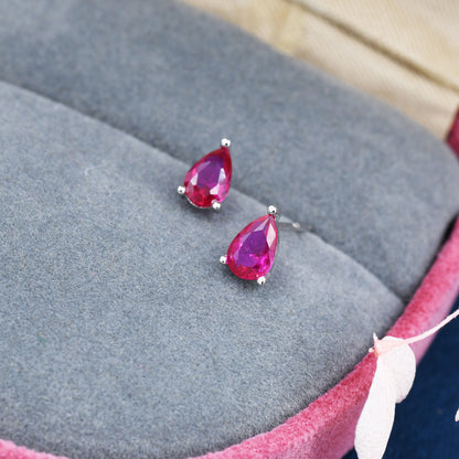 Sterling Silver Ruby Pink Droplet Earrings,  Pear Cut Ruby Earrings, July Birthstone CZ Earrings, Silver or Gold