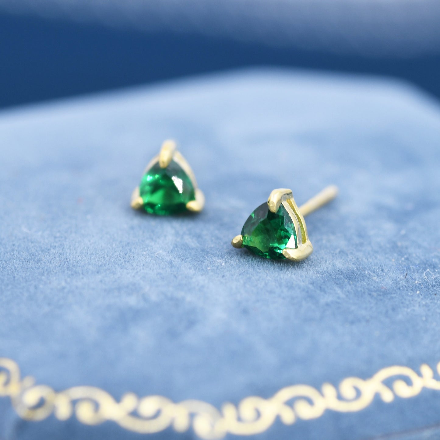 Trillion Cut Emerald Green CZ Stud Earrings in Sterling Silver, Silver or Gold, Cubic Zirconia Crystal Earrings