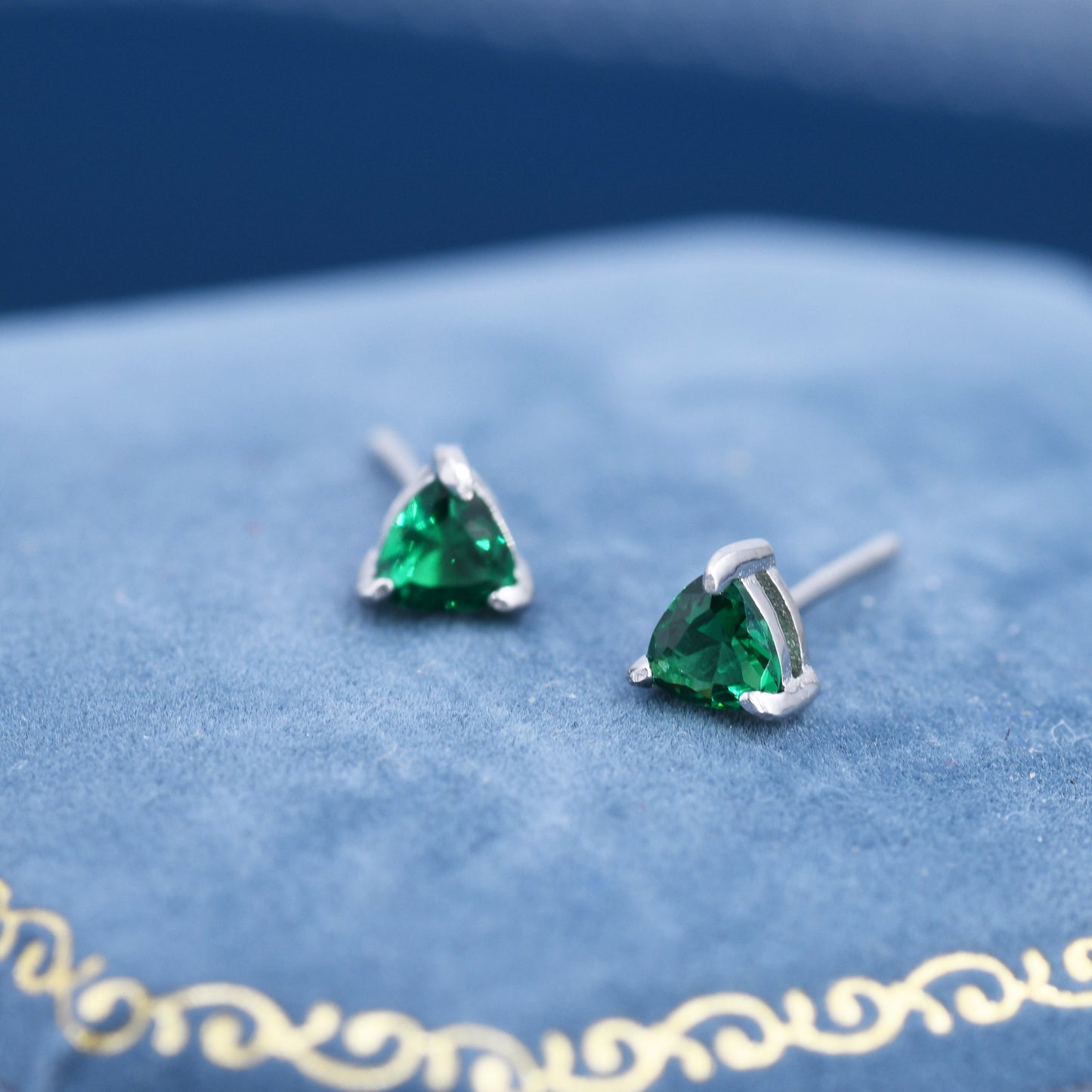 Trillion Cut Emerald Green CZ Stud Earrings in Sterling Silver, Silver or Gold, Cubic Zirconia Crystal Earrings