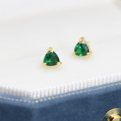 Trillion Cut Emerald Green CZ Stud Earrings in Sterling Silver, Silver or Gold, Cubic Zirconia Crystal Earrings