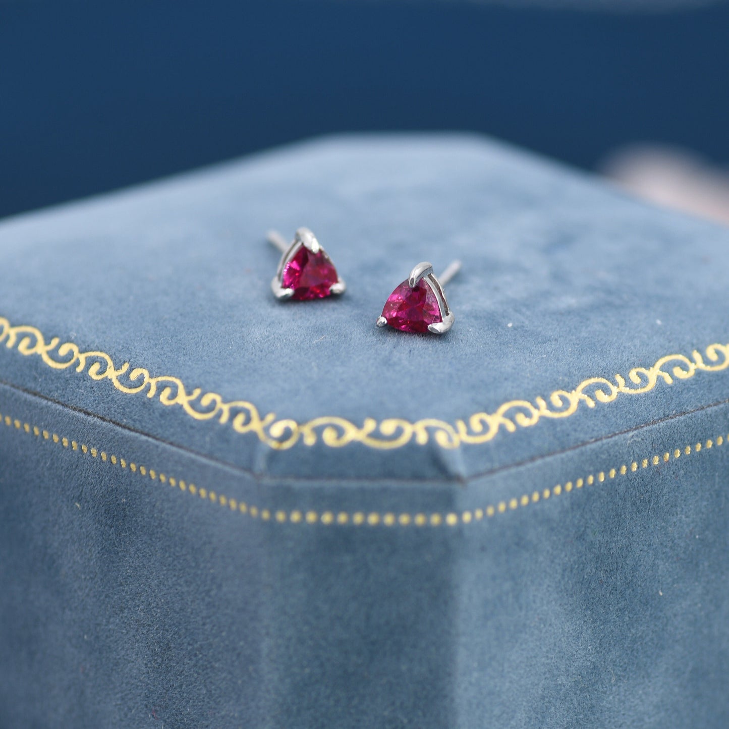 Trillion Cut Ruby Red CZ Stud Earrings in Sterling Silver, Silver or Gold, Hot Pink Cubic Zirconia Crystal Earrings