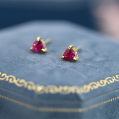 Trillion Cut Ruby Red CZ Stud Earrings in Sterling Silver, Silver or Gold, Hot Pink Cubic Zirconia Crystal Earrings