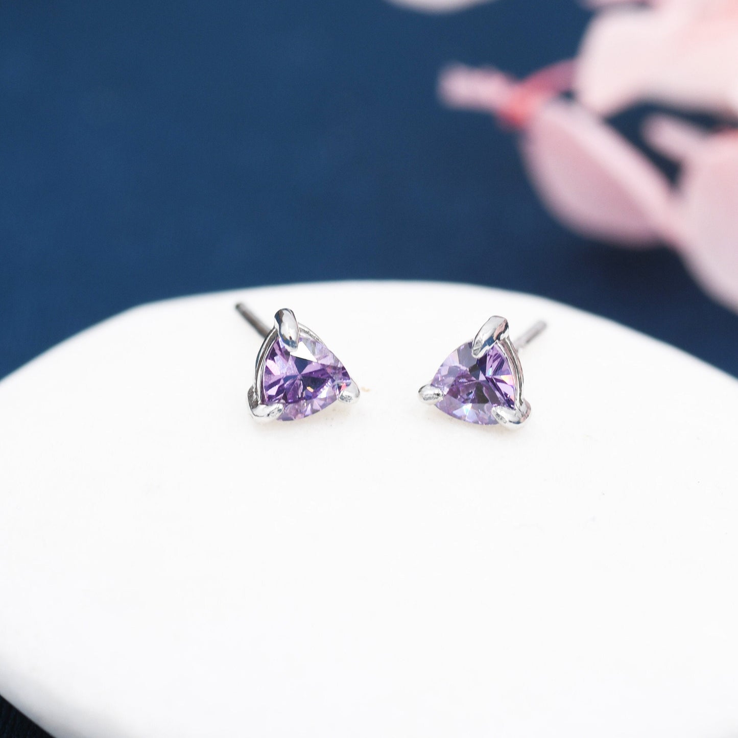 Trillion Cut Amethyst Purple CZ Stud Earrings in Sterling Silver, Silver or Gold, Purple Cubic Zirconia Crystal Earrings, February Earrings