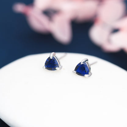 Trillion Cut Sapphire Blue CZ Stud Earrings in Sterling Silver, Silver or Gold, Blue Cubic Zirconia Crystal Earrings, September Earrings