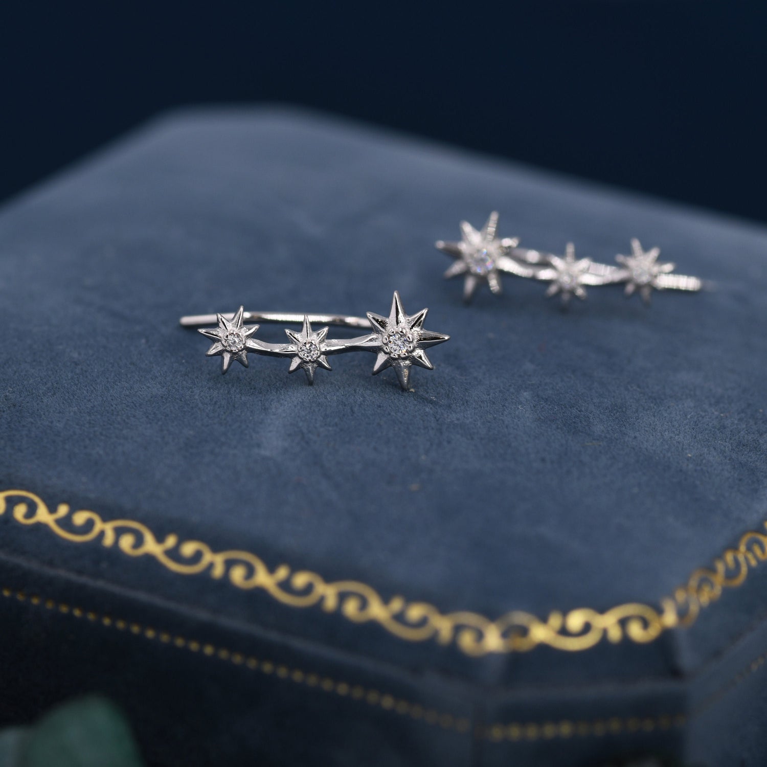 Sterling Silver Starburst Ear Crawler Earrings - Star Crawler Earrings - Silver or Gold - Three Star Earrings - Star Trio Earrings